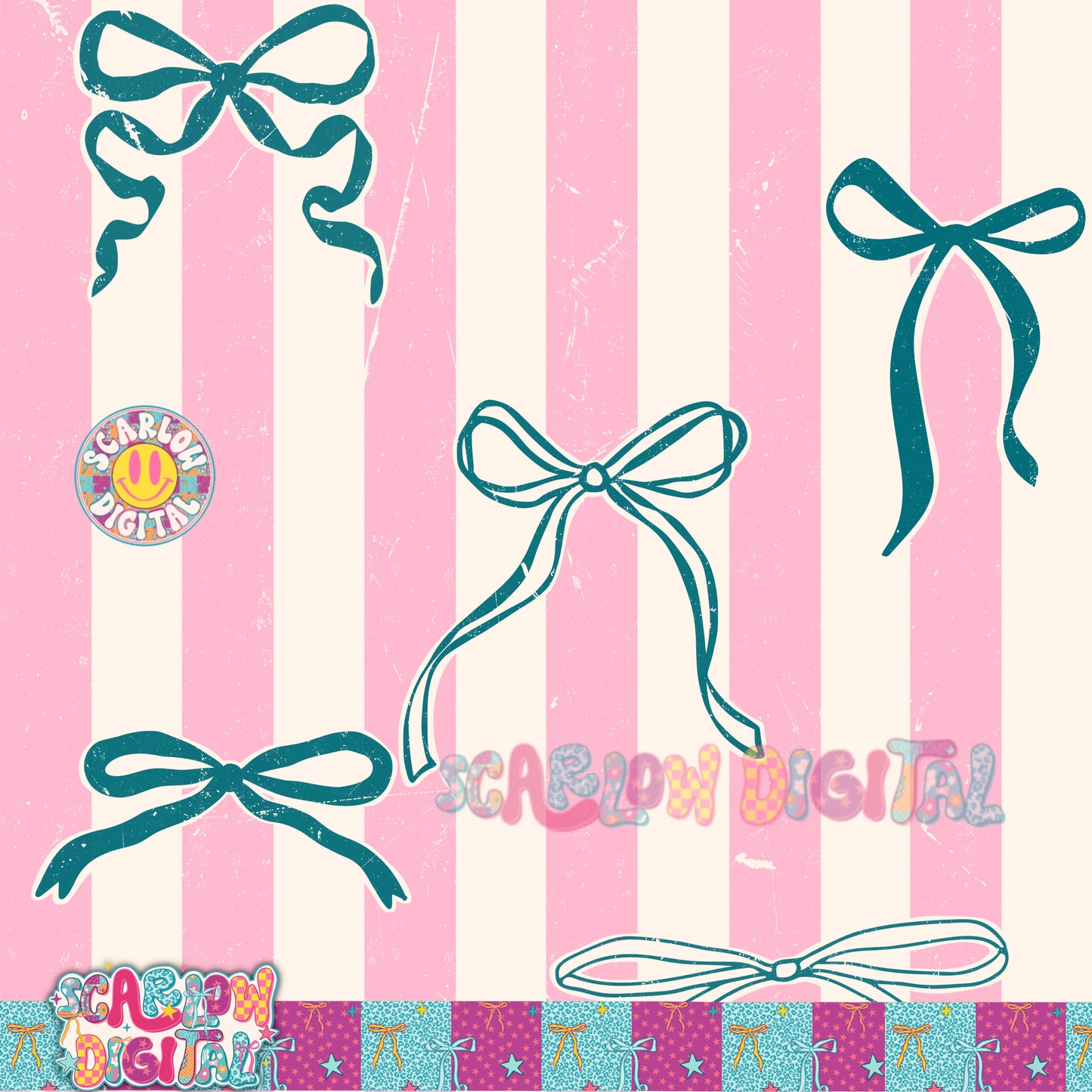 Blue and Pink Stripes with Bows Seamless Pattern Digital Design