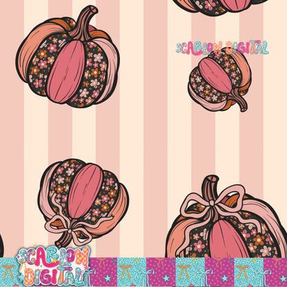 Floral Pumpkins on Stripes Seamless Pattern Digital Design