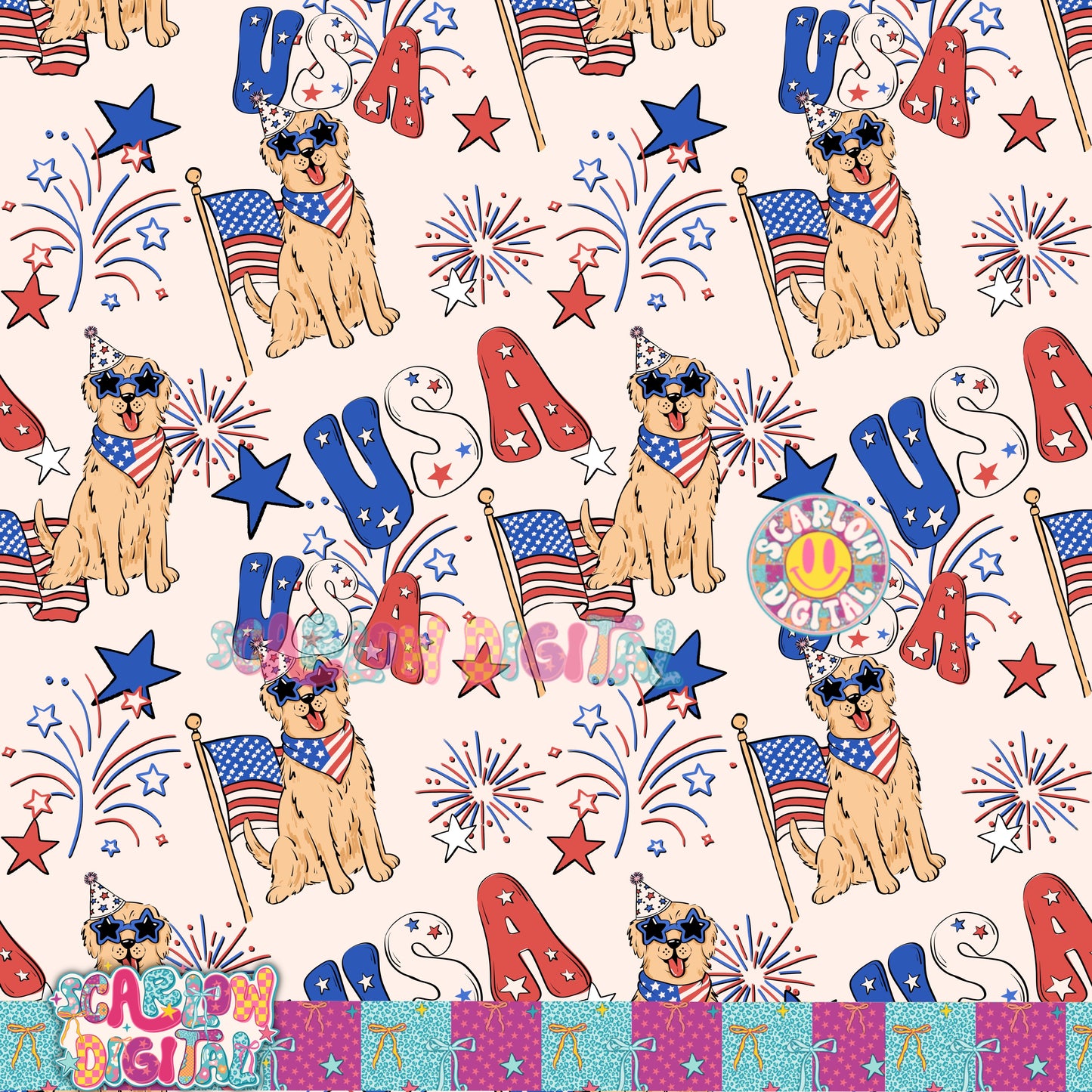 Patriotic Golden Retriever Seamless Pattern Digital Design