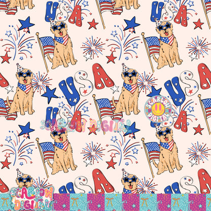 Patriotic Golden Retriever Seamless Pattern Digital Design