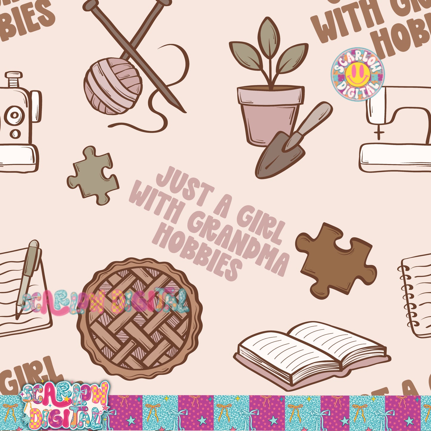 Just a Girl With Grandma Hobbies Seamless Pattern Digital Design