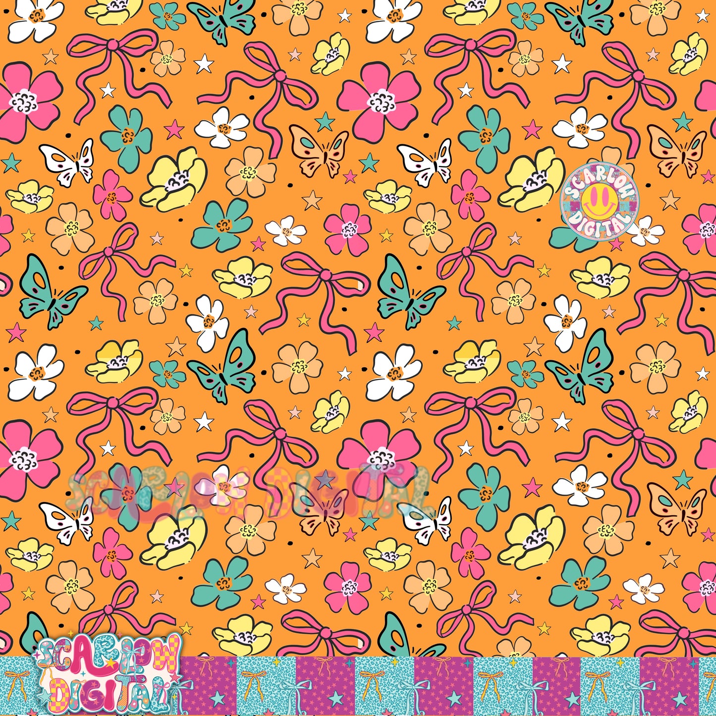 Orange Flowers and Bows Seamless Pattern Digital Design