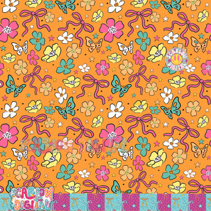 Orange Flowers and Bows Seamless Pattern Digital Design