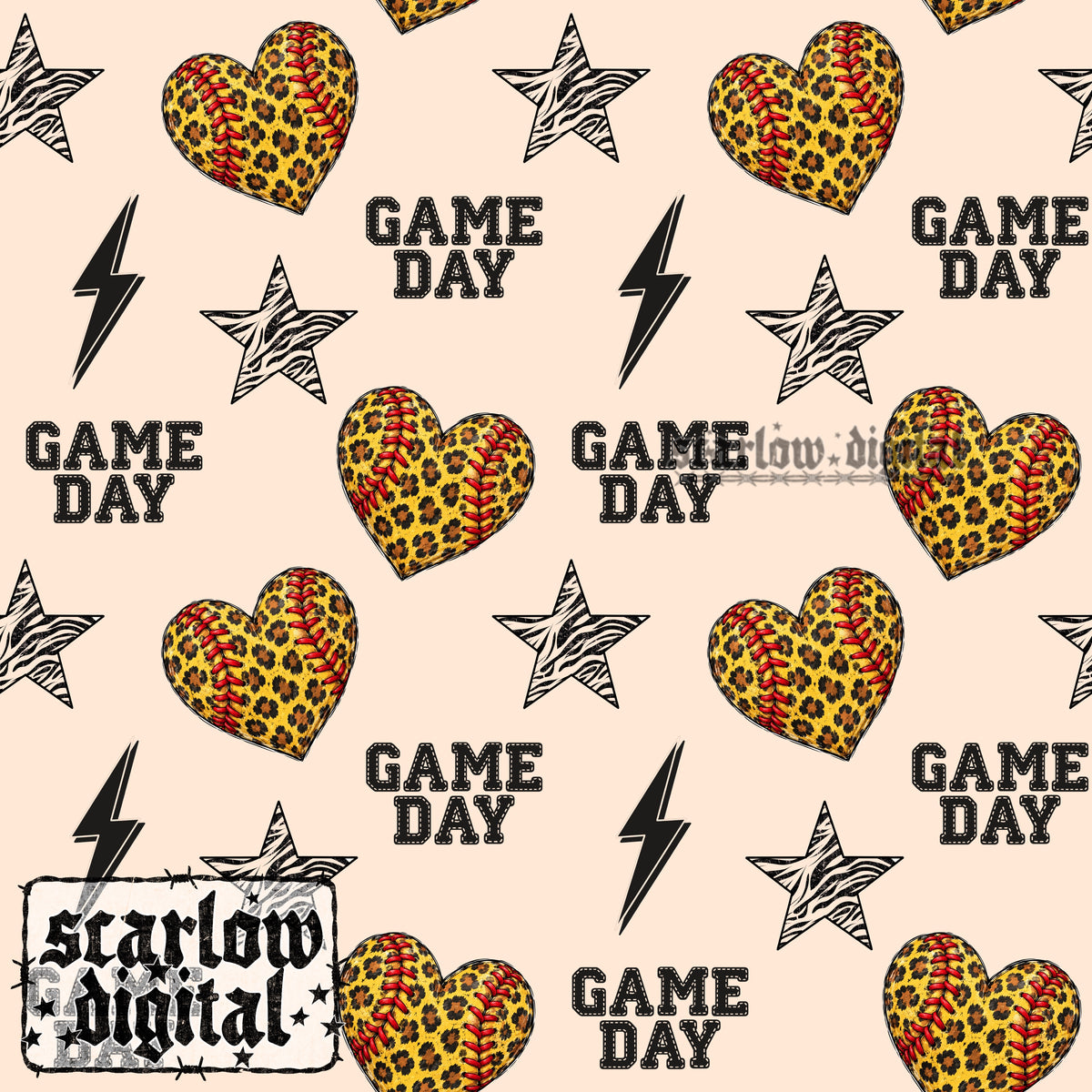 Softball Hearts Seamless Pattern Digital Design