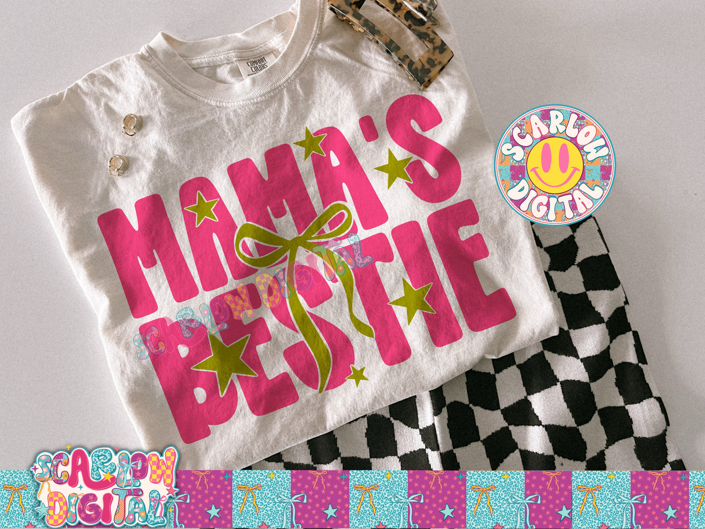 Neon Mama Bestie With Bow and Stars Pink and Lime PNG Digital Design