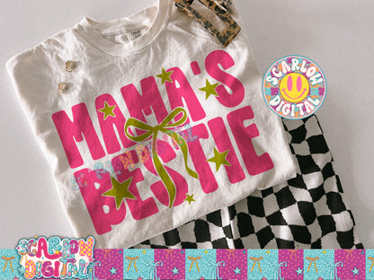 Neon Mama Bestie With Bow and Stars Pink and Lime PNG Digital Design