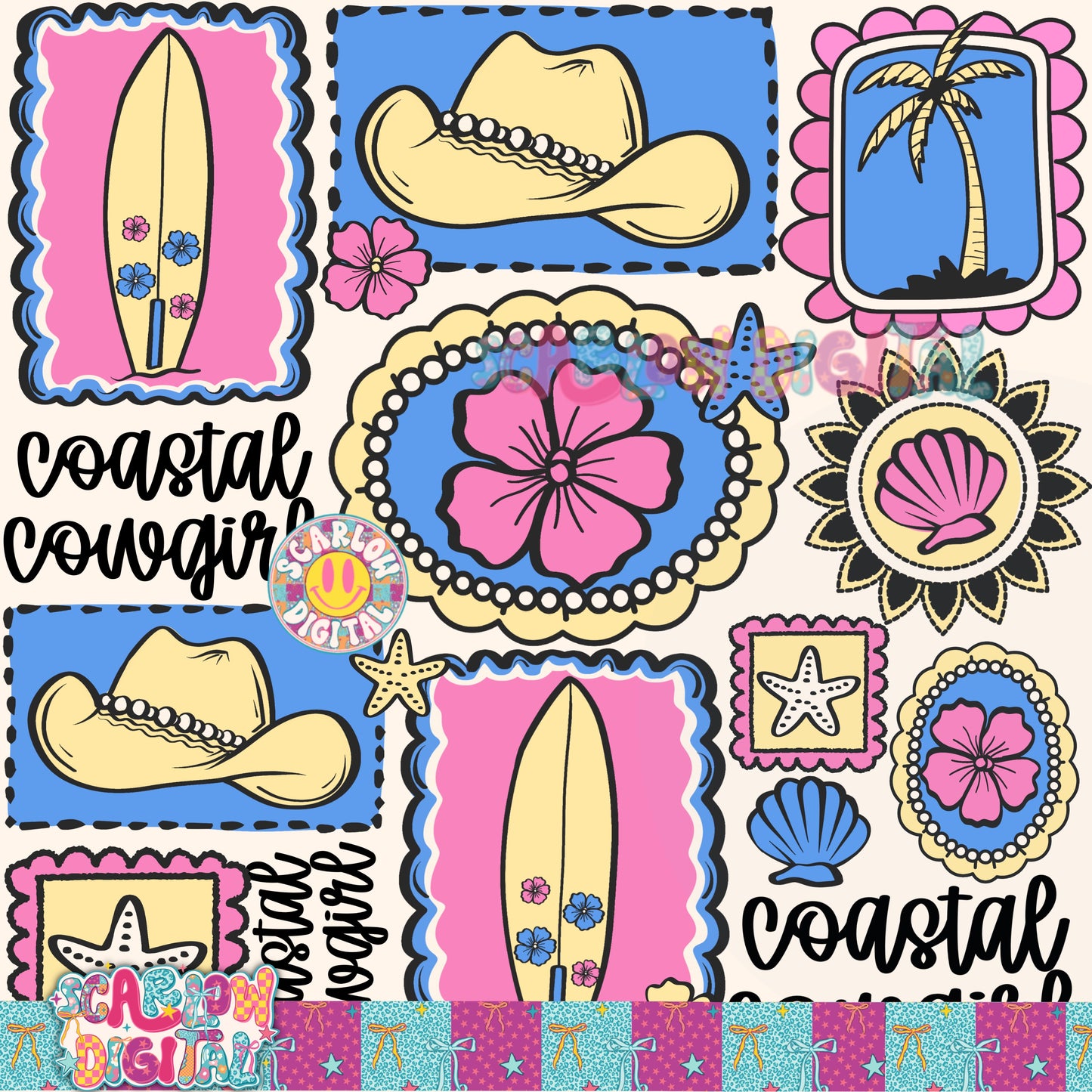 Coastal Cowgirl Full Color Seamless Pattern Digital Design