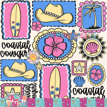 Coastal Cowgirl Full Color Seamless Pattern Digital Design