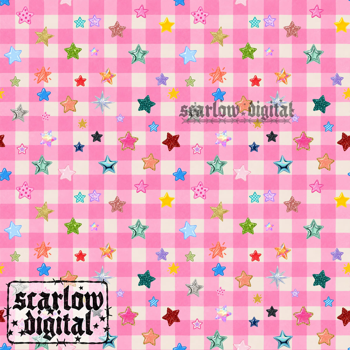 Gingham Stars Seamless Pattern Digital Design