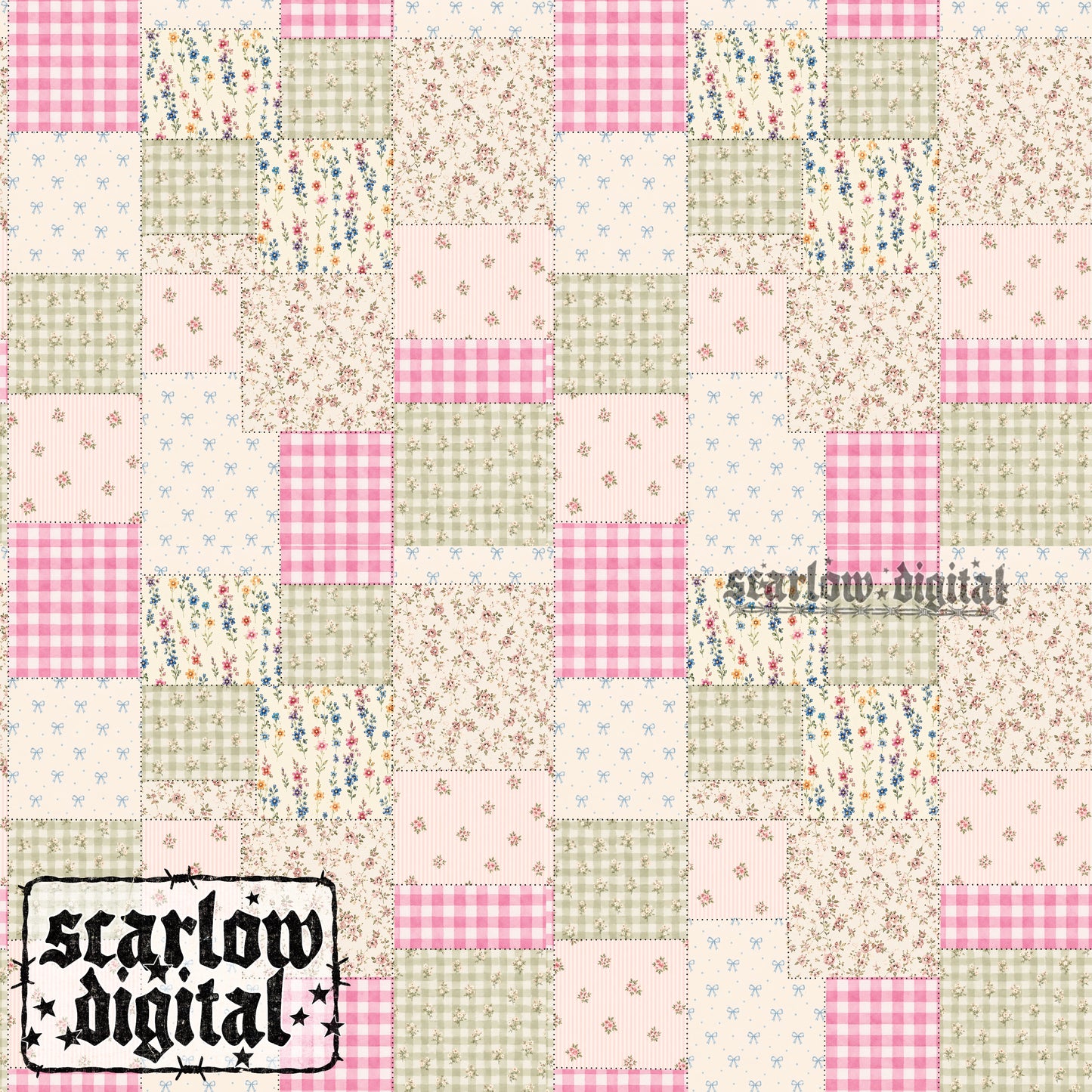 Floral and Gingham Quilt Pattern Seamless Pattern Digital Design