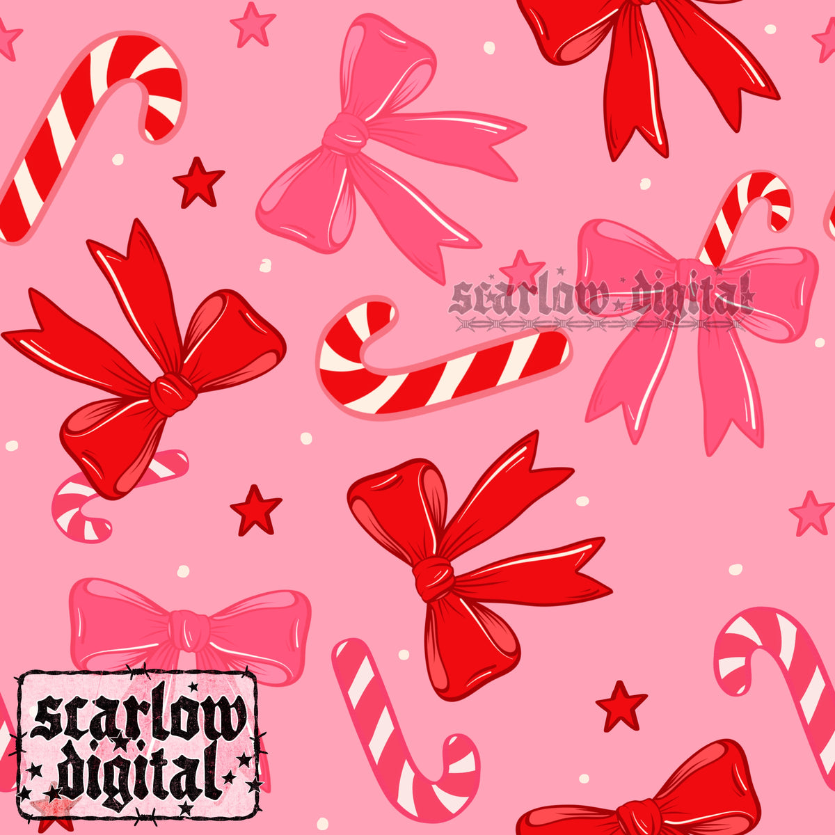 Candy Canes and Bows Christmas Seamless Pattern Digital Design