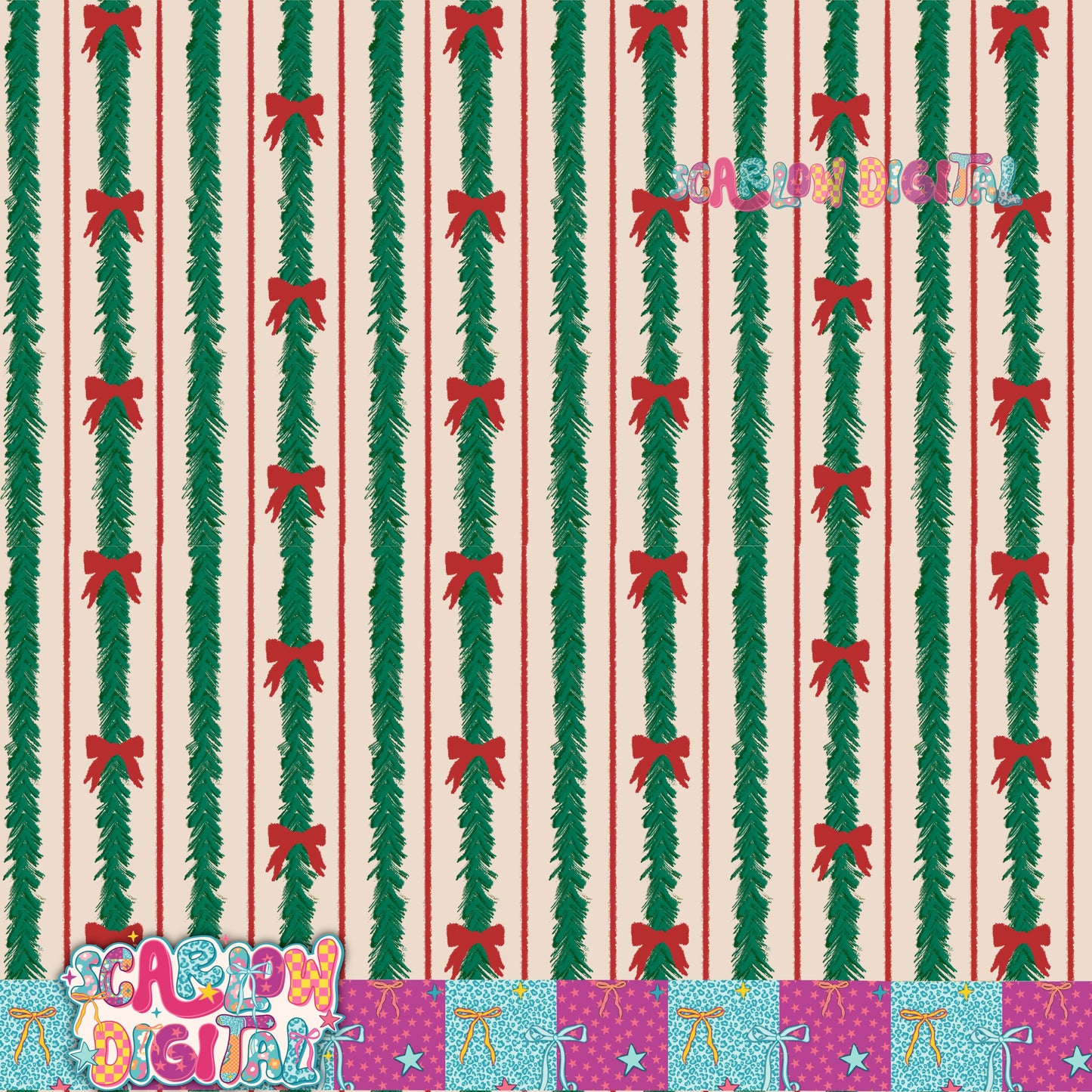 Tinsel Bows Christmas Seamless Pattern Digital Design