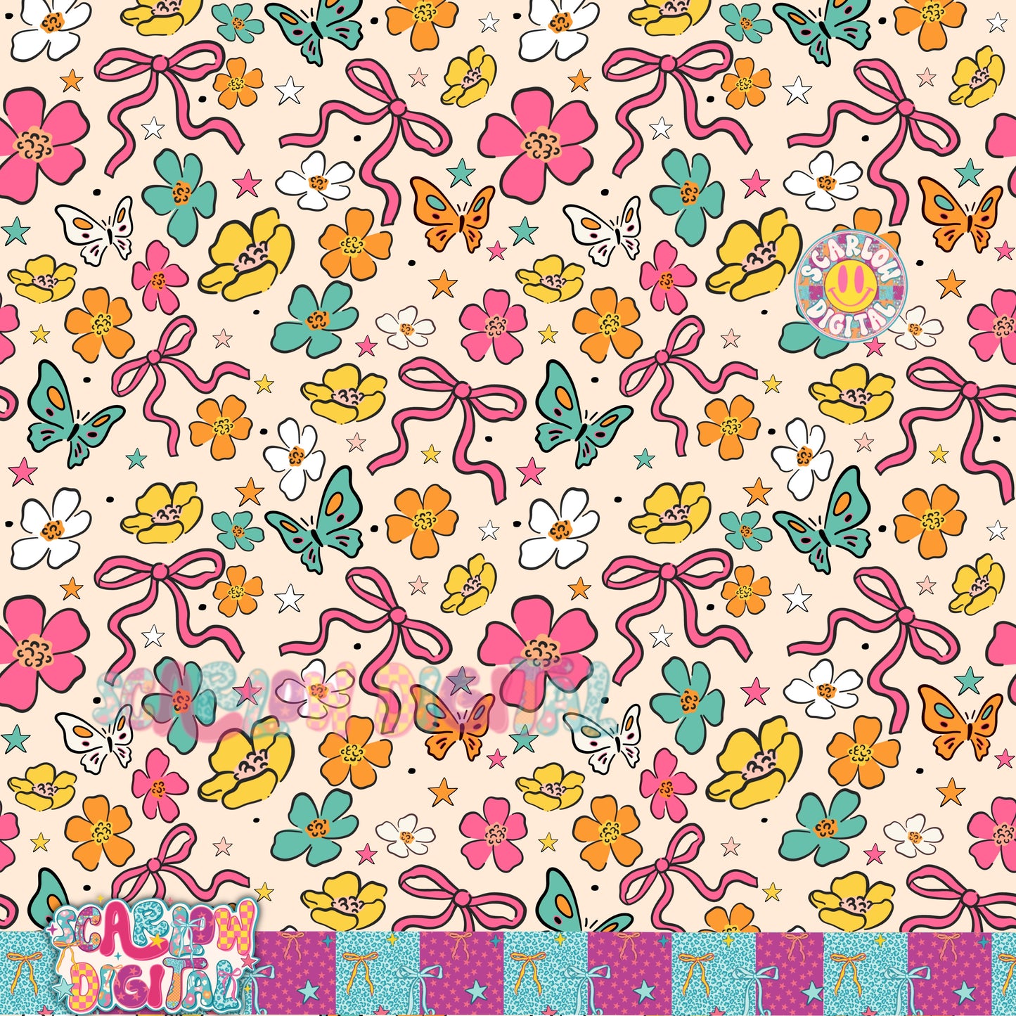 White Flowers and Bows Seamless Pattern Digital Design