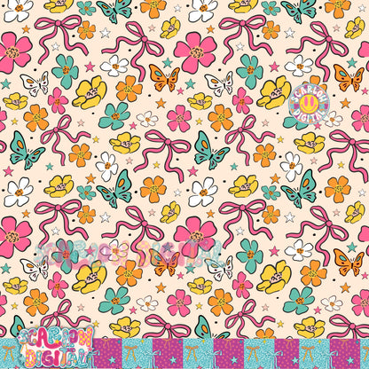 White Flowers and Bows Seamless Pattern Digital Design