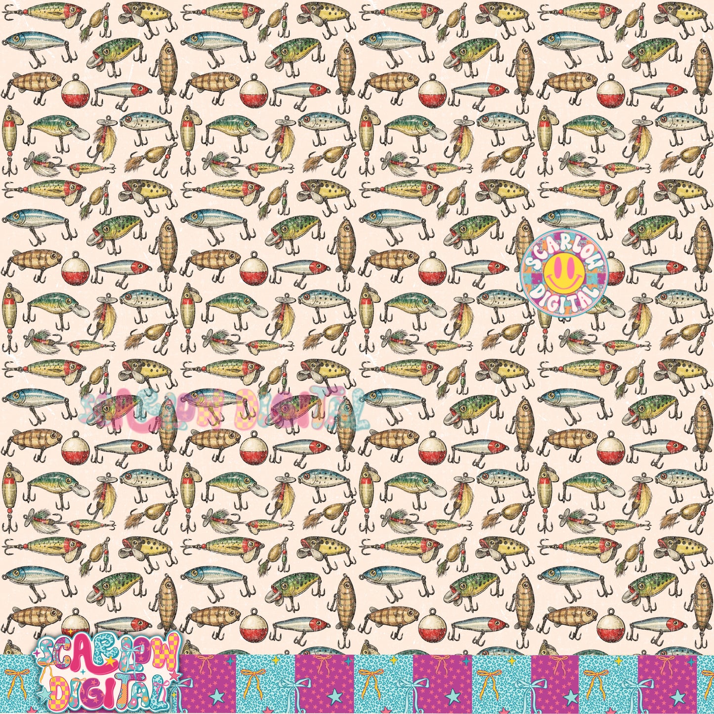 Vintage Fishing Lures Seamless Pattern Digital Design