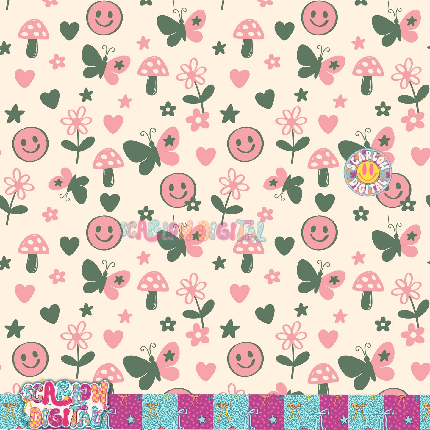 Pink Green Doodles Seamless Pattern Digital Design