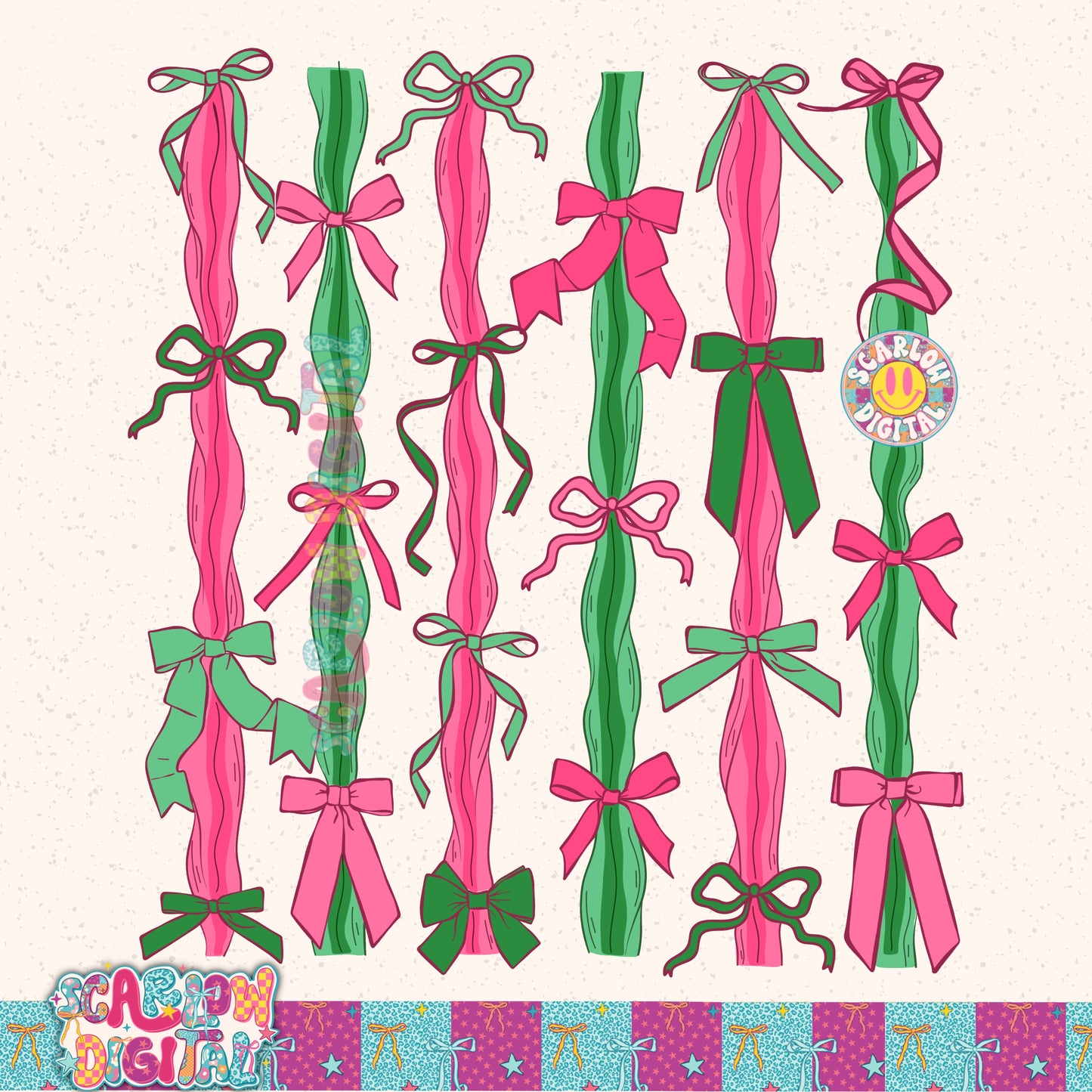 Christmas Pink and Green Bows PNG Digital Design