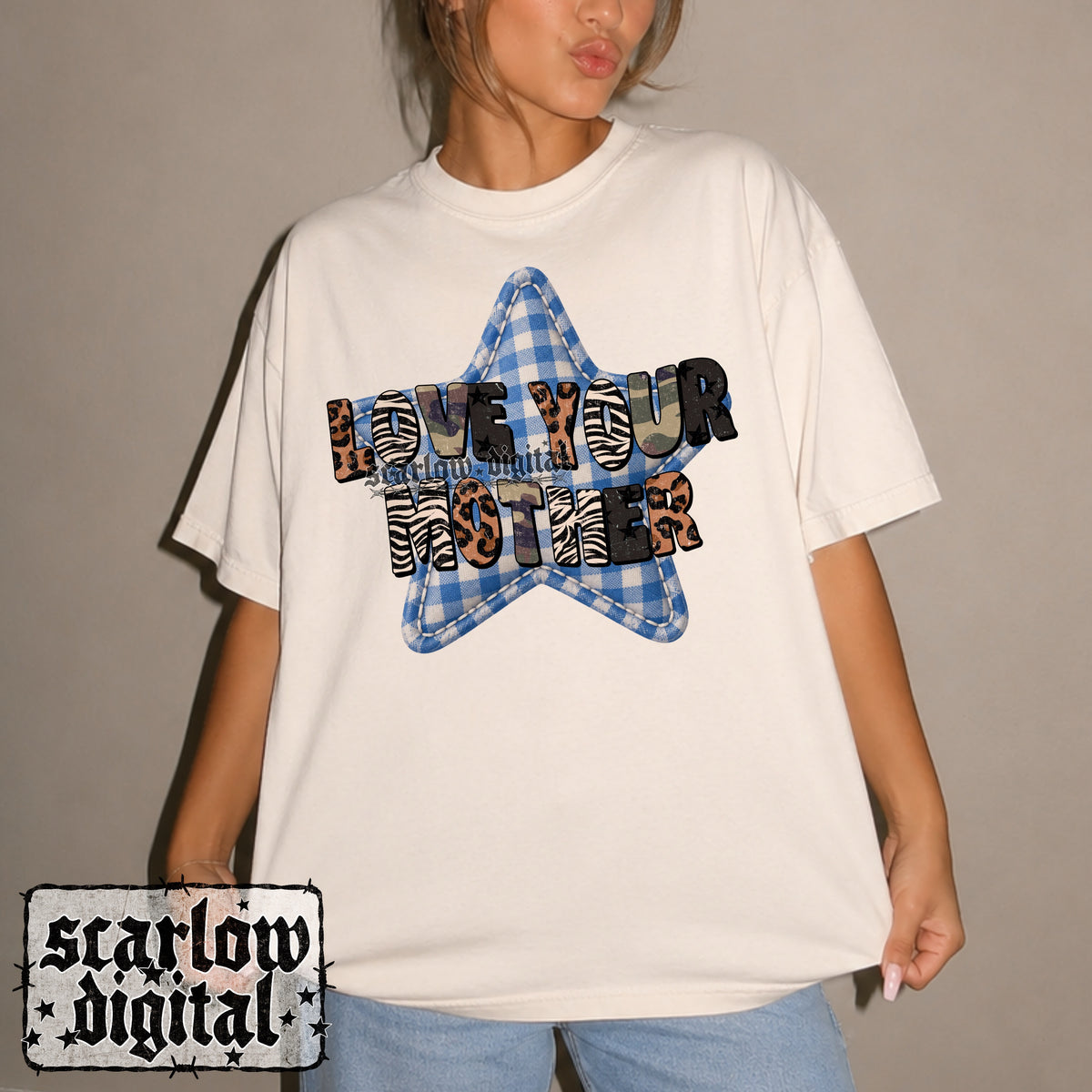 Love Your Mother Gingham Star PNG Digital Design