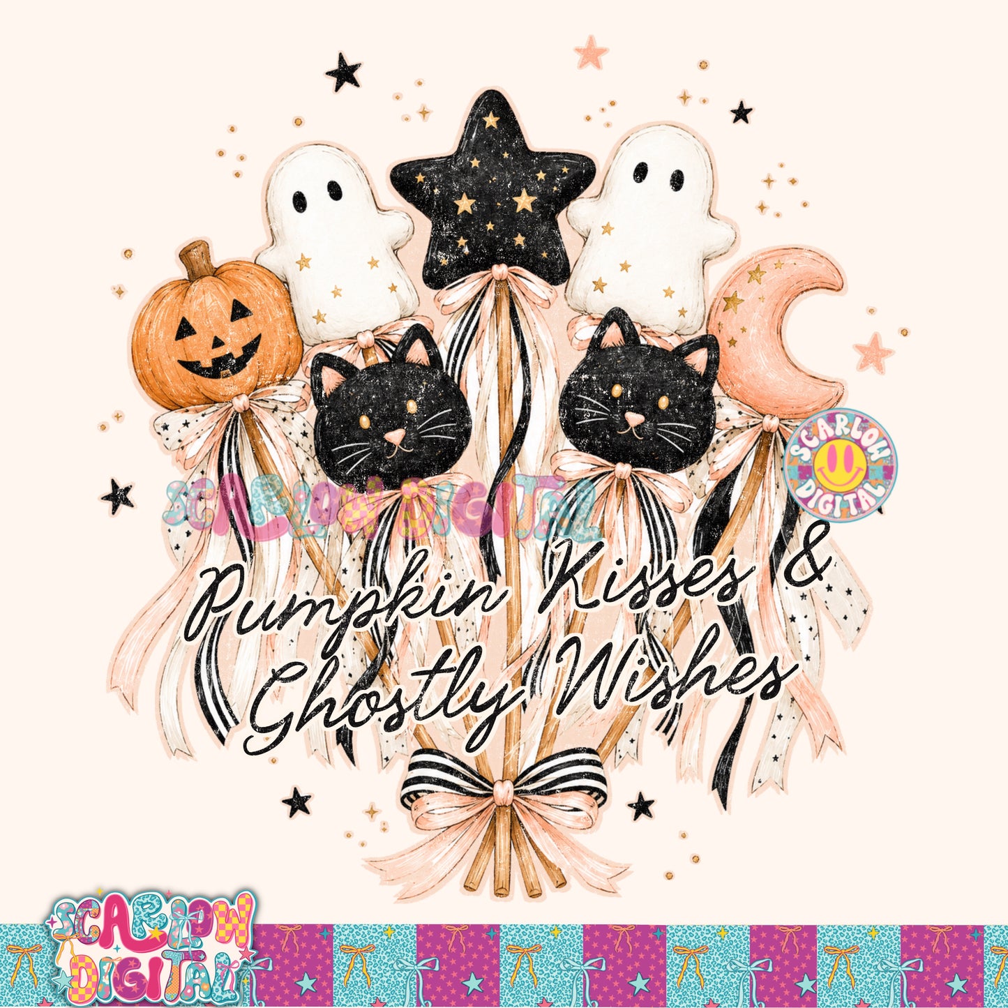 Pumpkin Kisses and Ghostly Wishes PNG Digital Design