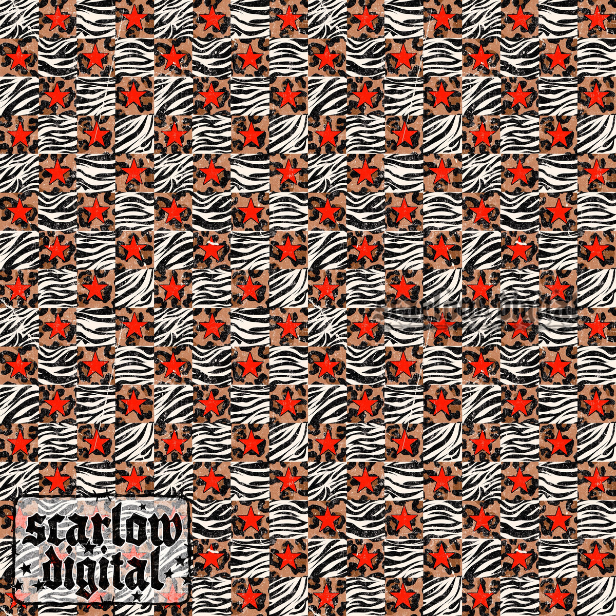 Leopard and Zebra Print Checkers with Stars Seamless Pattern Digital Design