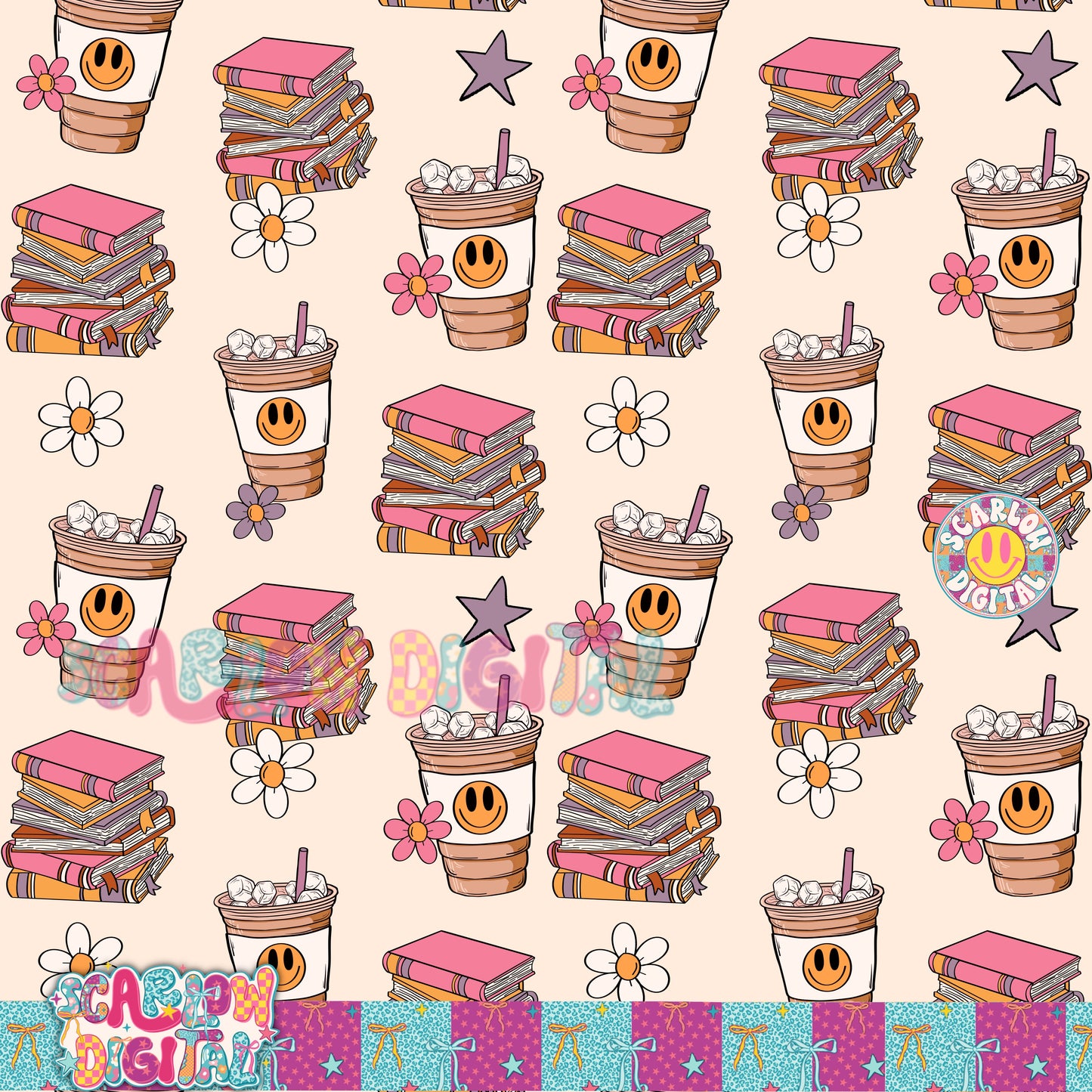 Books and Coffee Seamless Pattern Digital Design