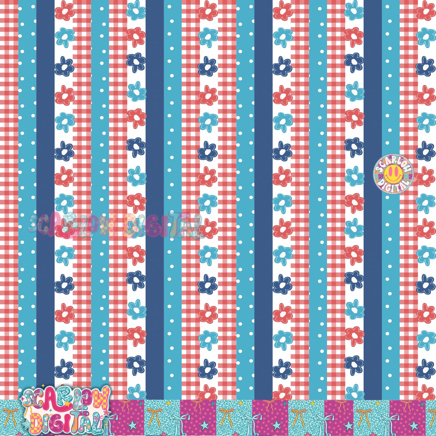 Patriotic Flowers and Stripes Seamless Pattern Digital Design