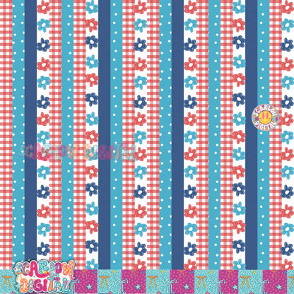 Patriotic Flowers and Stripes Seamless Pattern Digital Design