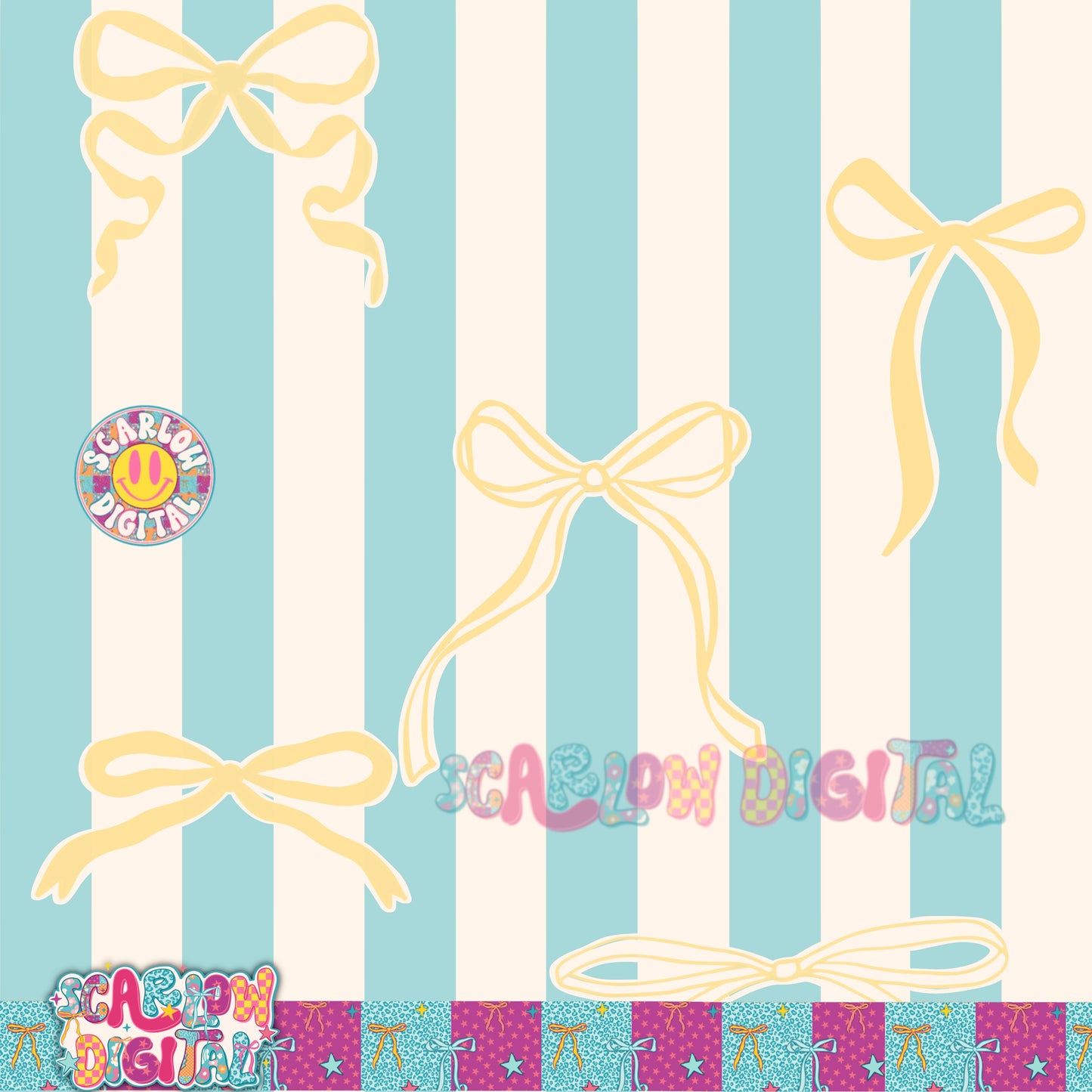 Blue and Yellow Stripes with Bows Seamless Pattern Digital Design