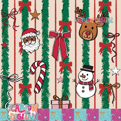 Tinsel Bows and Christmas Doodles Seamless Pattern Digital Design