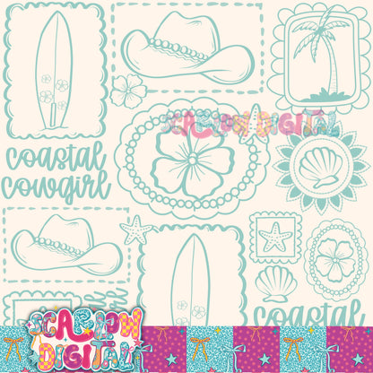 Coastal Cowgirl Single Color Seamless Pattern Digital Design