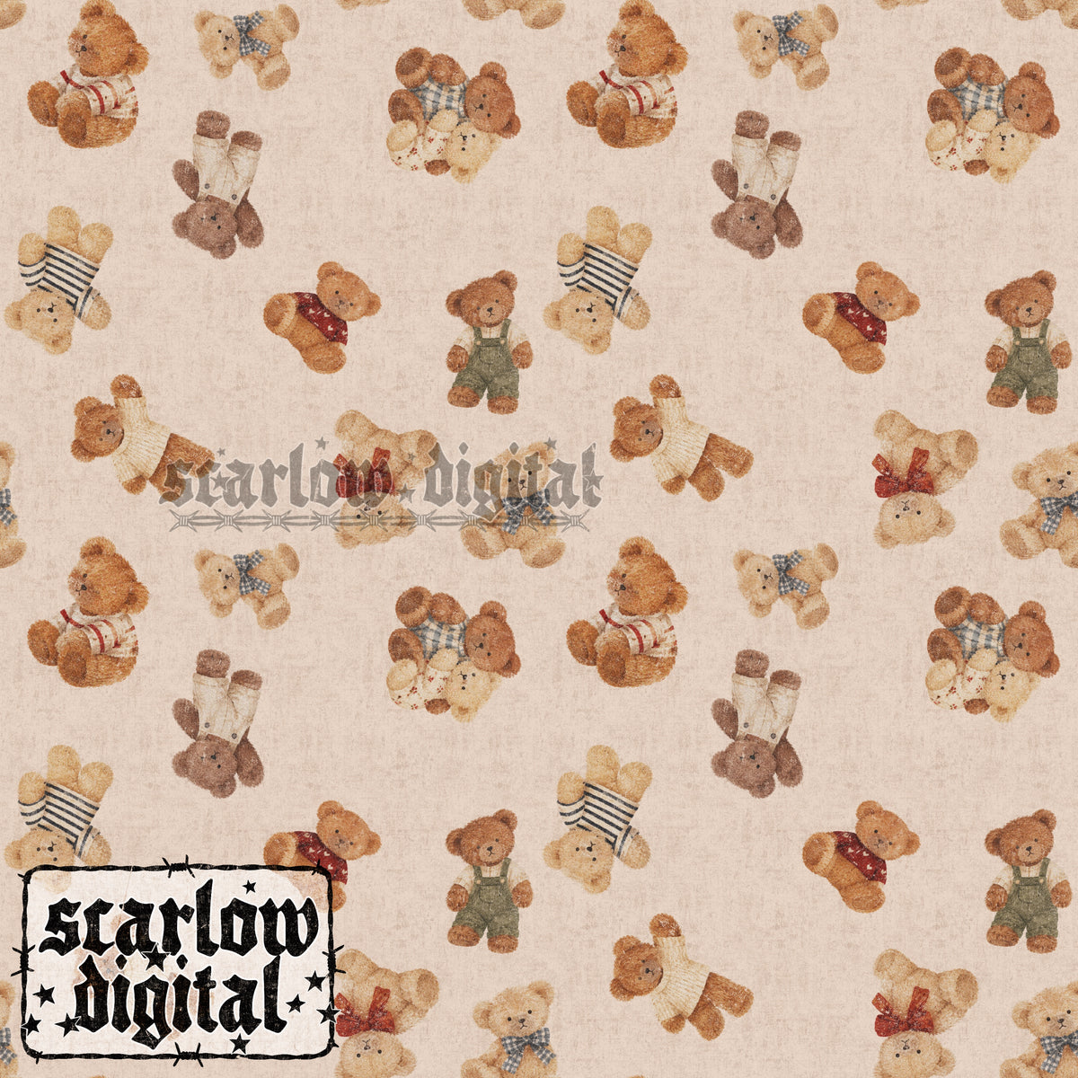 Vintage-Style Teddy Bears Seamless Pattern Digital Design