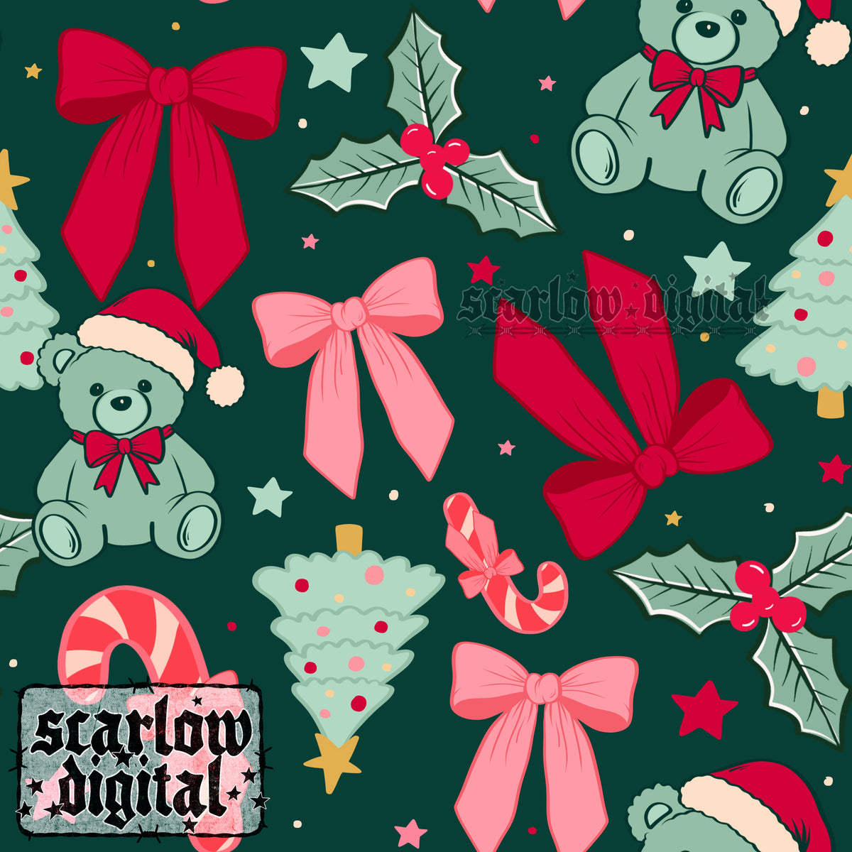 Dark Christmas Teddy Bears and Bows Seamless Pattern Digital Design