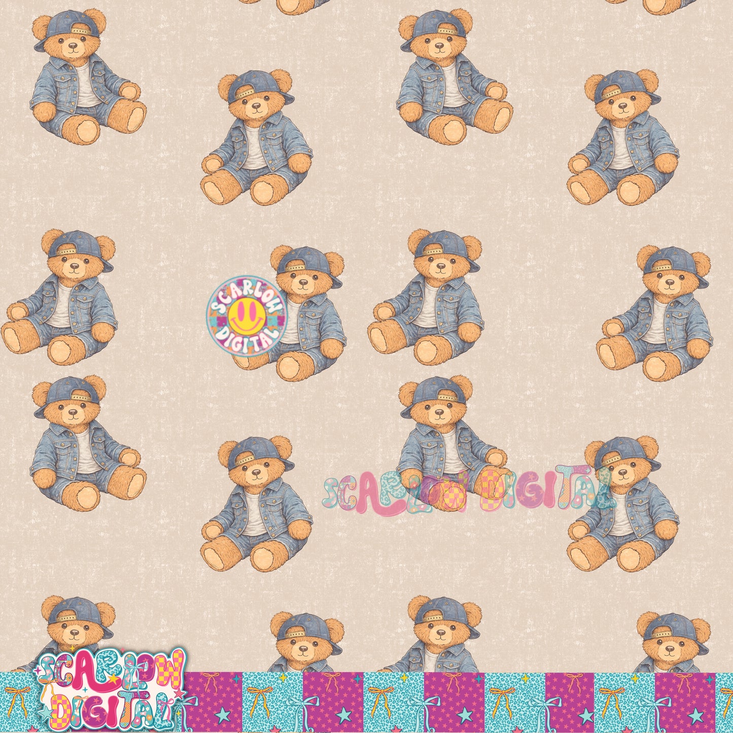 Denim Teddy Bear Vintage Thrifted Style Seamless Pattern Digital Design