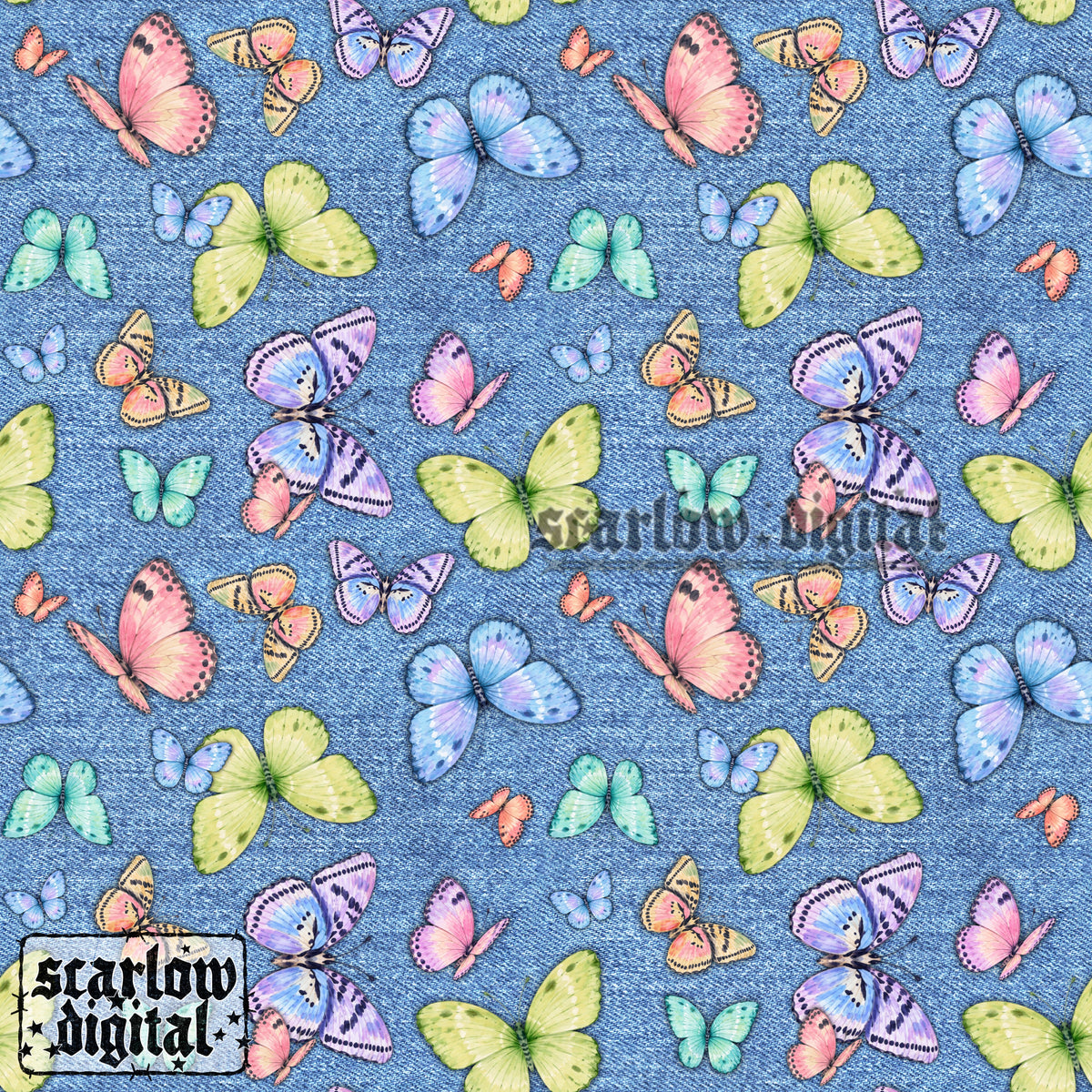 Denim Butterflies Seamless Pattern Digital Design