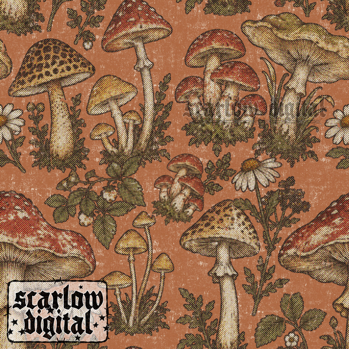 Antique-Style Mushrooms Seamless Pattern Digital Design