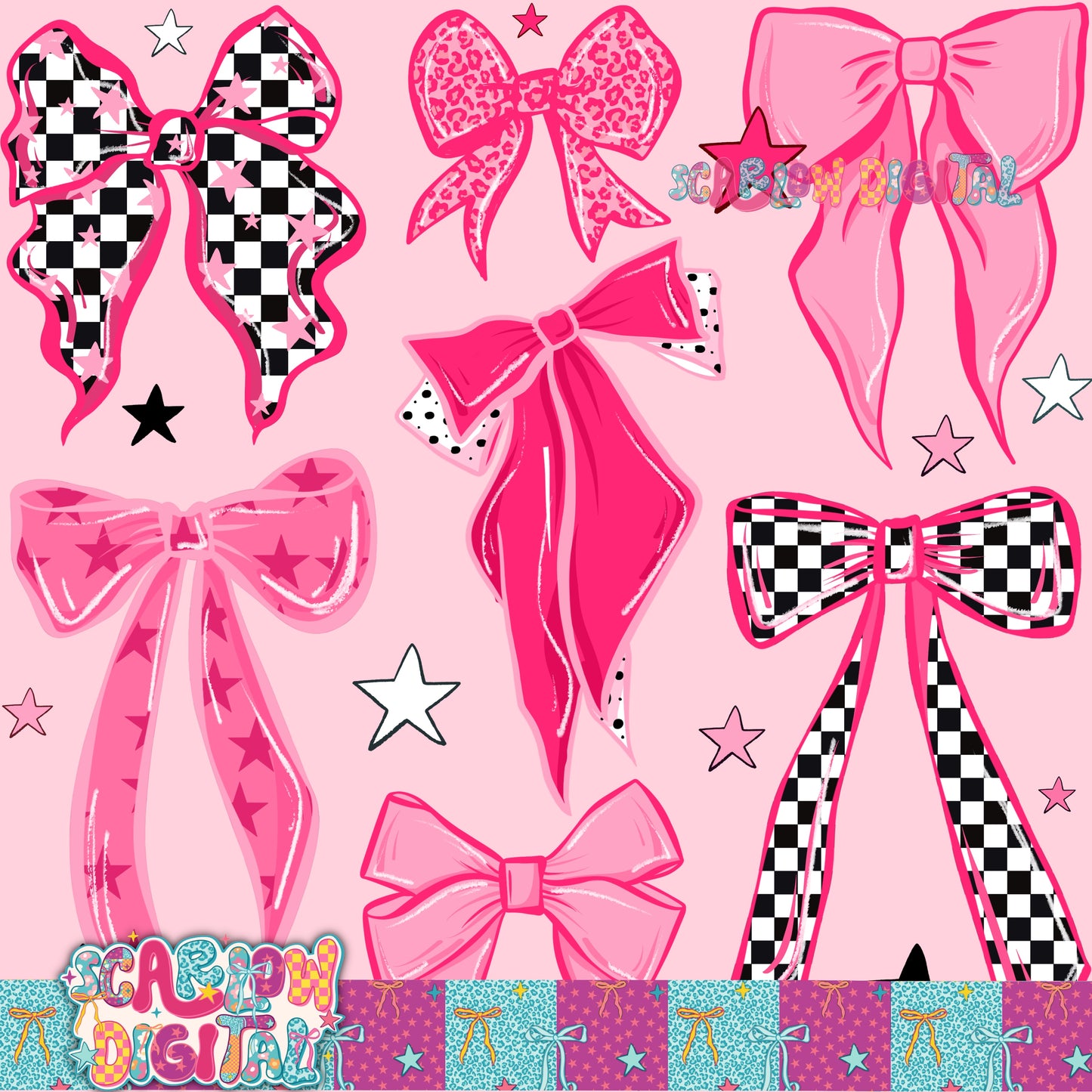 Pink and Checkered Bows Seamless Pattern Digital Design
