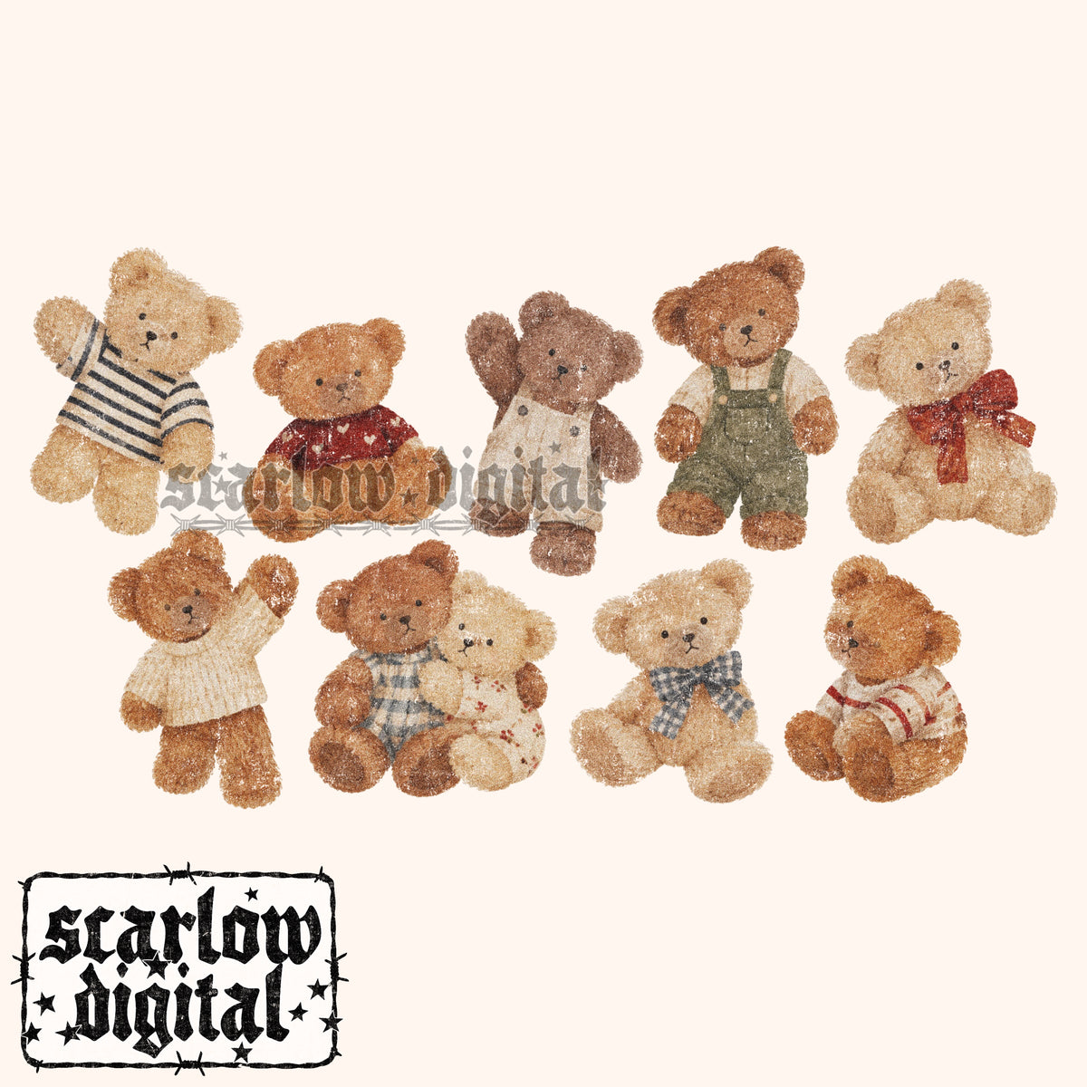Vintage-Style Teddy Bears PNG Digital Design