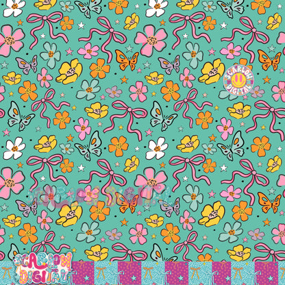 Blue Flowers and Bows Seamless Pattern Digital Design