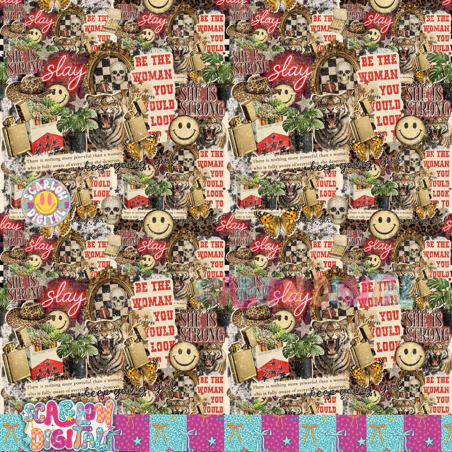 Strong Woman Collage Seamless Pattern Digital Design