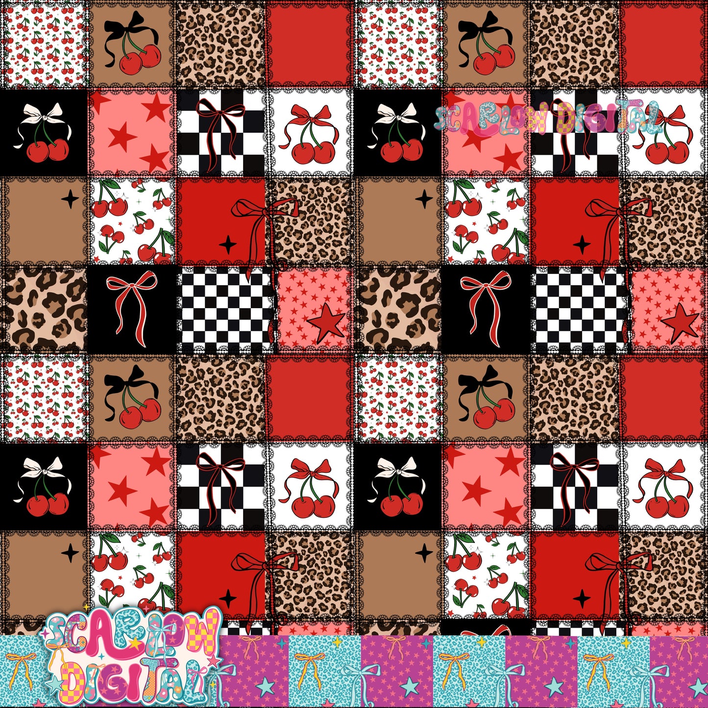 Laced Cherry Patchwork Seamless Pattern Digital Design