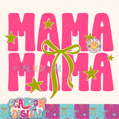 Neon Mama With Bow and Stars Pink and Lime PNG Digital Design
