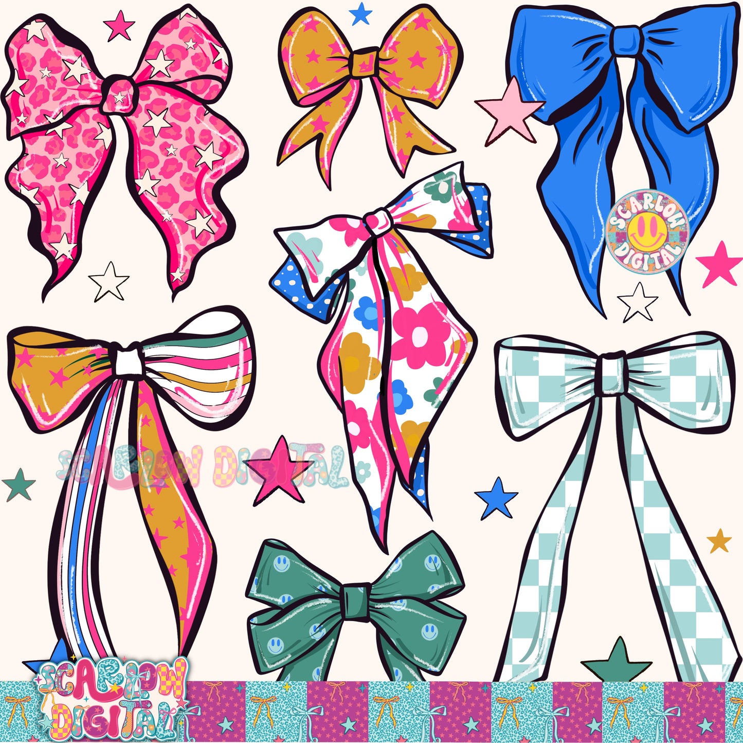 Retro Bows Seamless Pattern Digital Design
