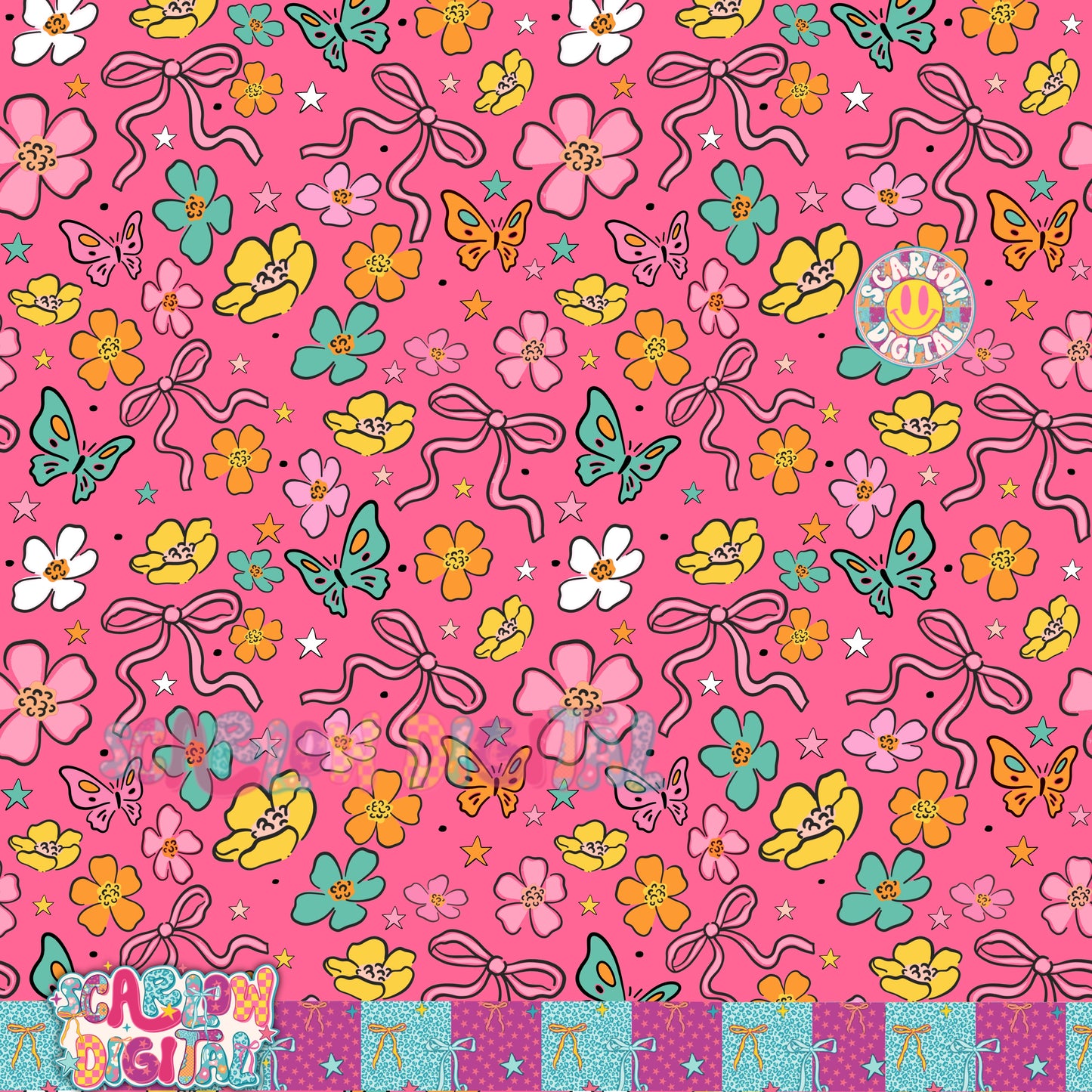 Pink Flowers and Bows Seamless Pattern Digital Design