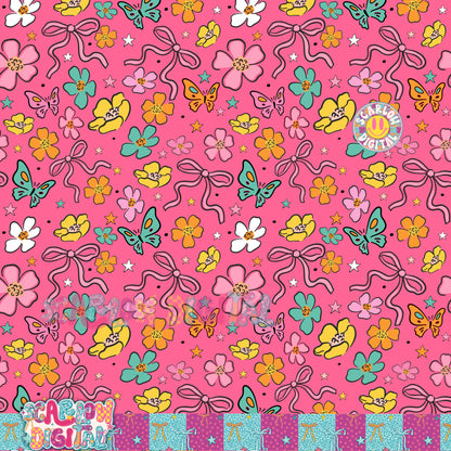 Pink Flowers and Bows Seamless Pattern Digital Design