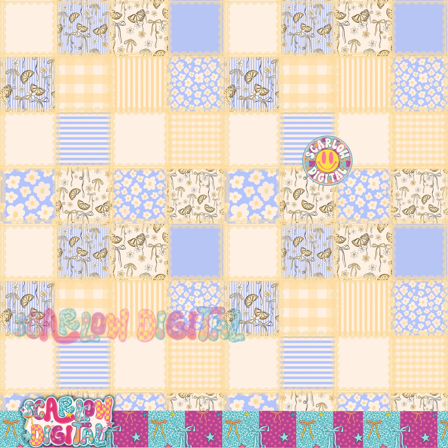 Lemon Bows Patchwork Seamless Pattern Digital Design