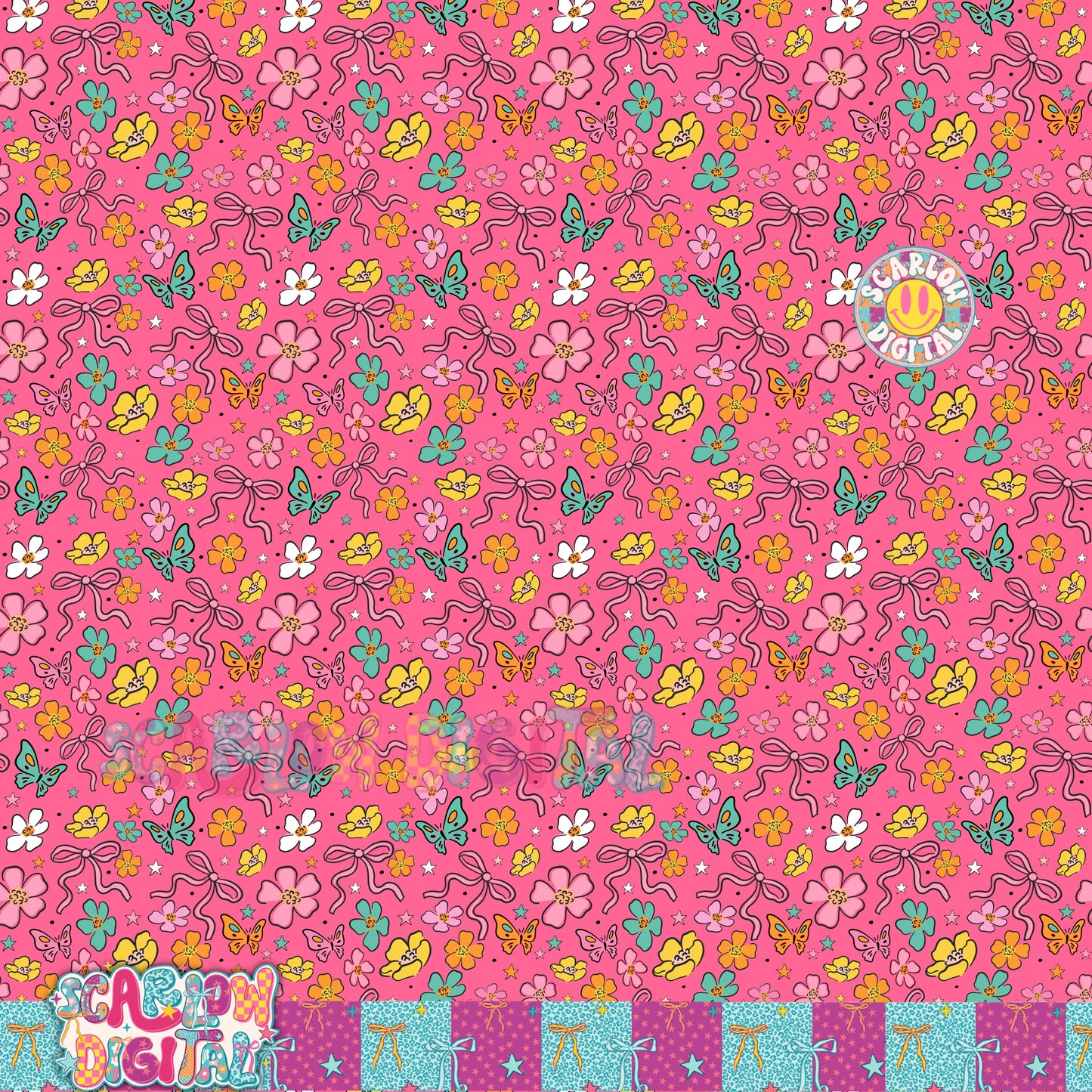 Pink Flowers and Bows Seamless Pattern Digital Design
