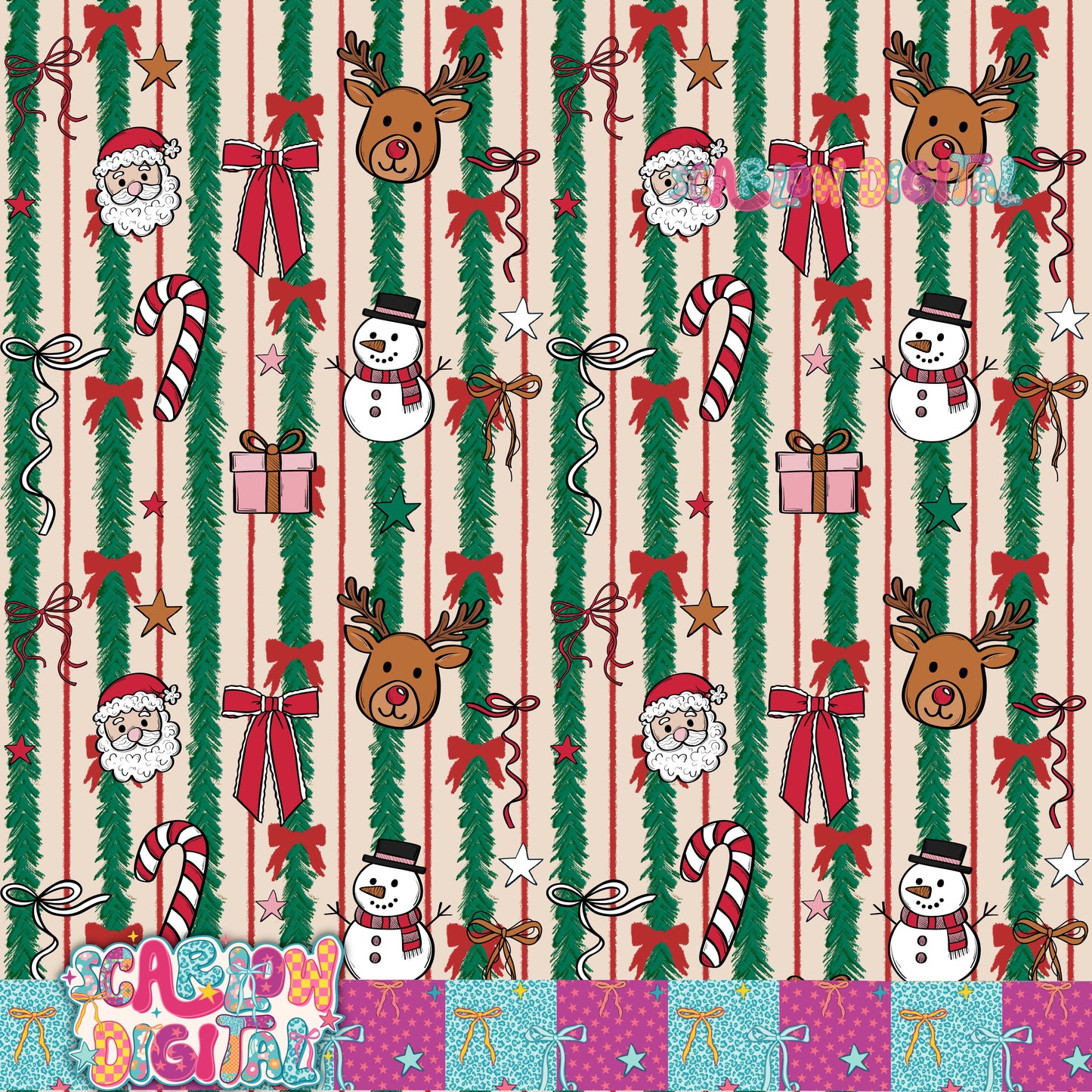 Tinsel Bows and Christmas Doodles Seamless Pattern Digital Design