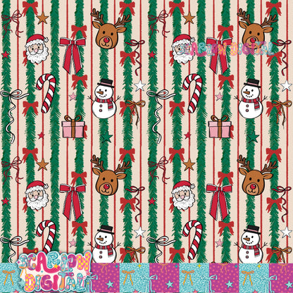 Tinsel Bows and Christmas Doodles Seamless Pattern Digital Design