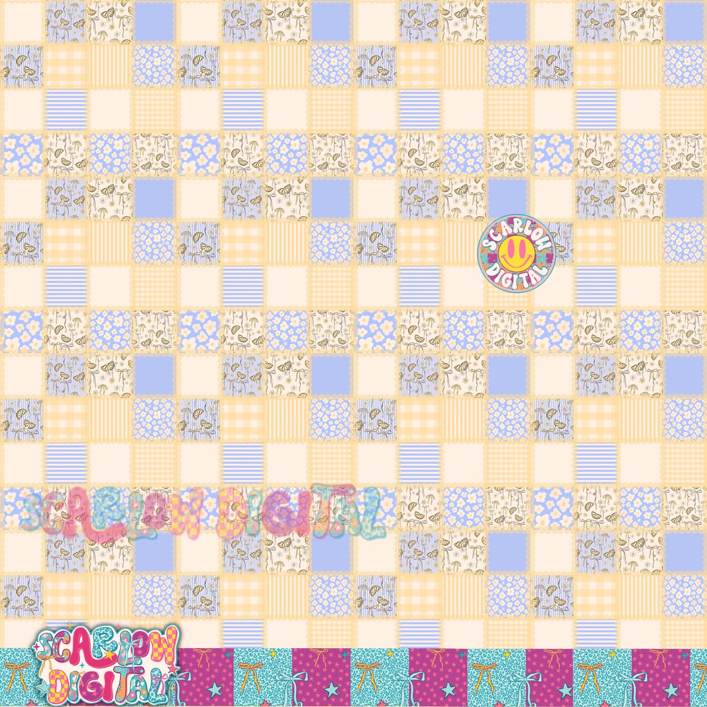 Lemon Bows Patchwork Seamless Pattern Digital Design
