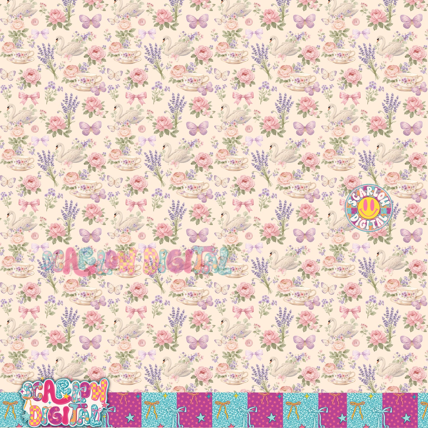 Vintage Roses Swan and Tea Cup Seamless Pattern Digital Design